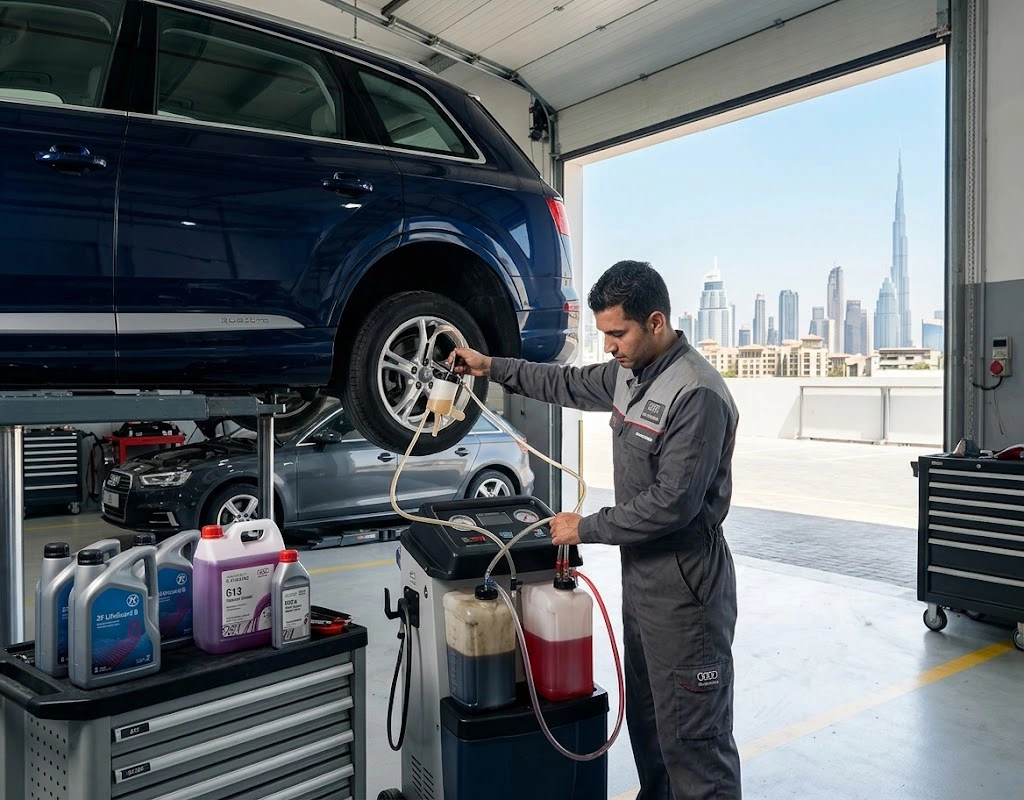 Audi fluid flush Dubai - technician performing a transmission fluid exchange on an Audi at an independent Audi specialist garage