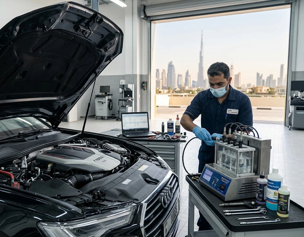 Audi fuel injector cleaning in Dubai — technician servicing an Audi fuel system and injectors