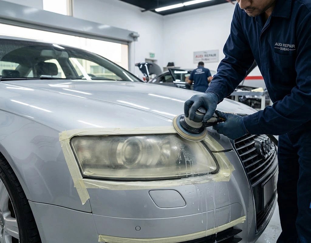 Audi headlight restoration Dubai – technician polishing a yellowed Audi LED headlight lens back to clear