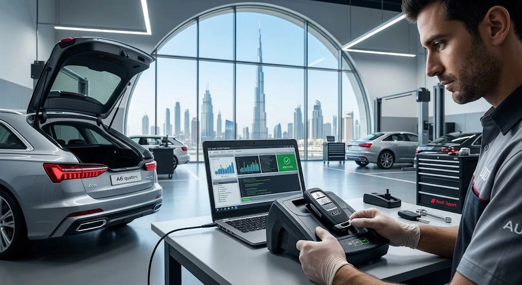 Audi key programming Dubai specialist coding a new smart key and immobiliser for an Audi