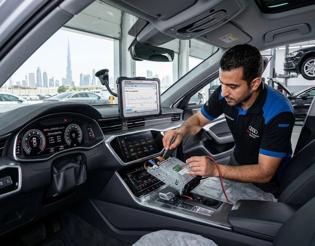 Audi MMI repair Dubai technician diagnosing an Audi infotainment display