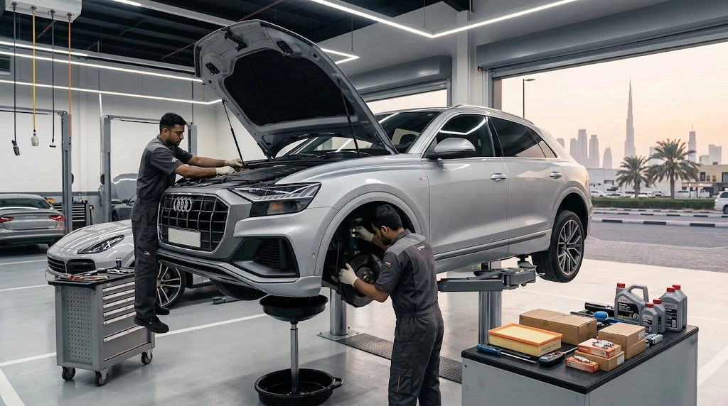 Audi major service Dubai carried out by specialist Audi technicians in a workshop