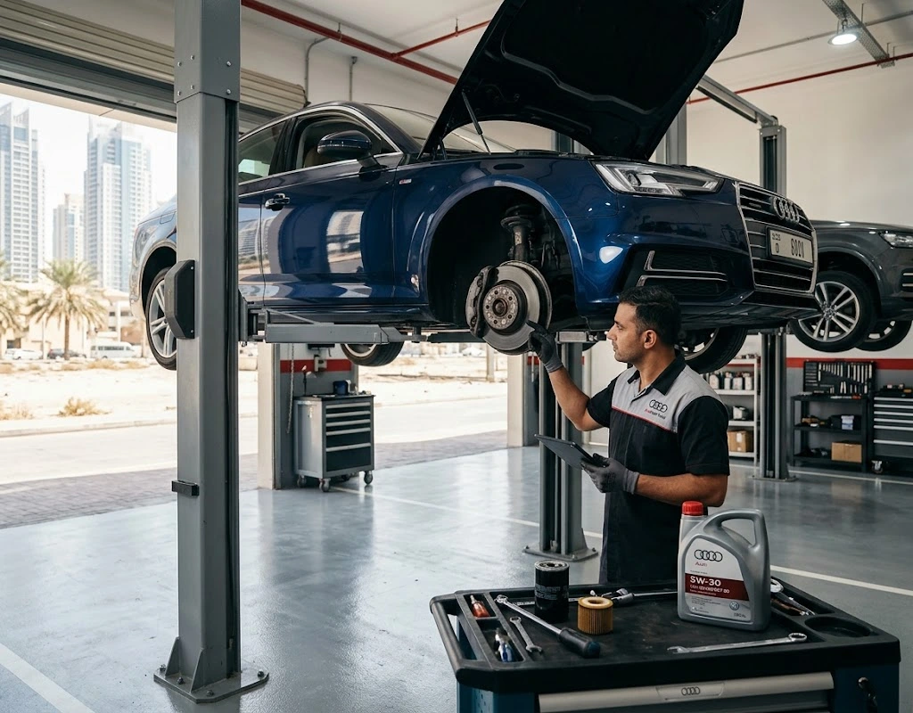 Audi minor service in Dubai — specialist technician performing an interim oil and filter service on an Audi