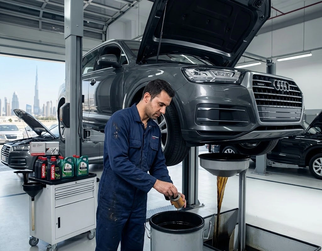 Audi oil change Dubai specialist technician draining engine oil and fitting a new filter on an Audi