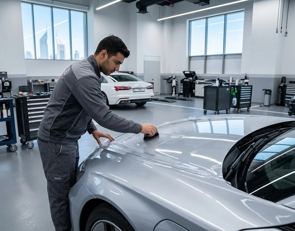 Technician applying Audi paint protection film to the bonnet of an Audi in a Dubai workshop