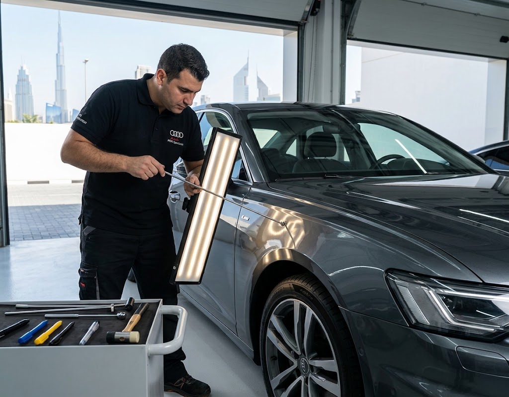 Audi paintless dent removal Dubai technician using a PDR light board on an Audi door panel
