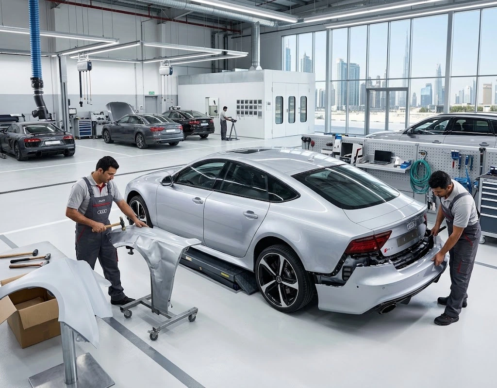 Technician carrying out Audi panel beating on a dented front wing at an Audi body shop in Dubai