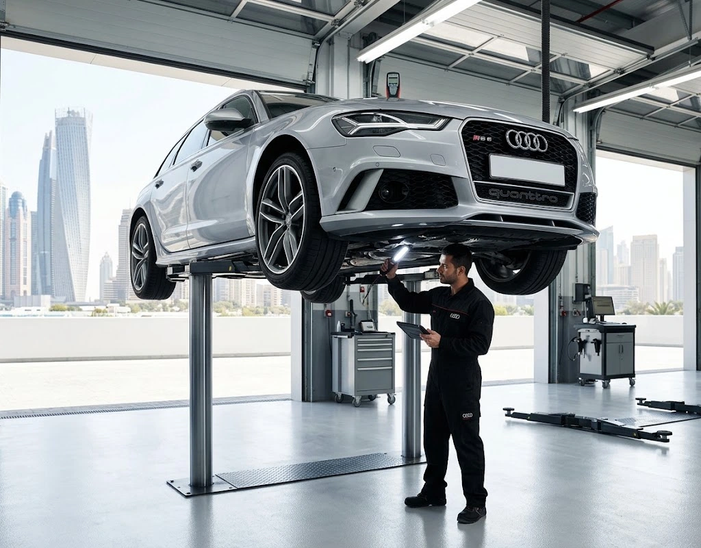 Audi pre-purchase inspection Dubai specialist checking a used Audi on a workshop lift