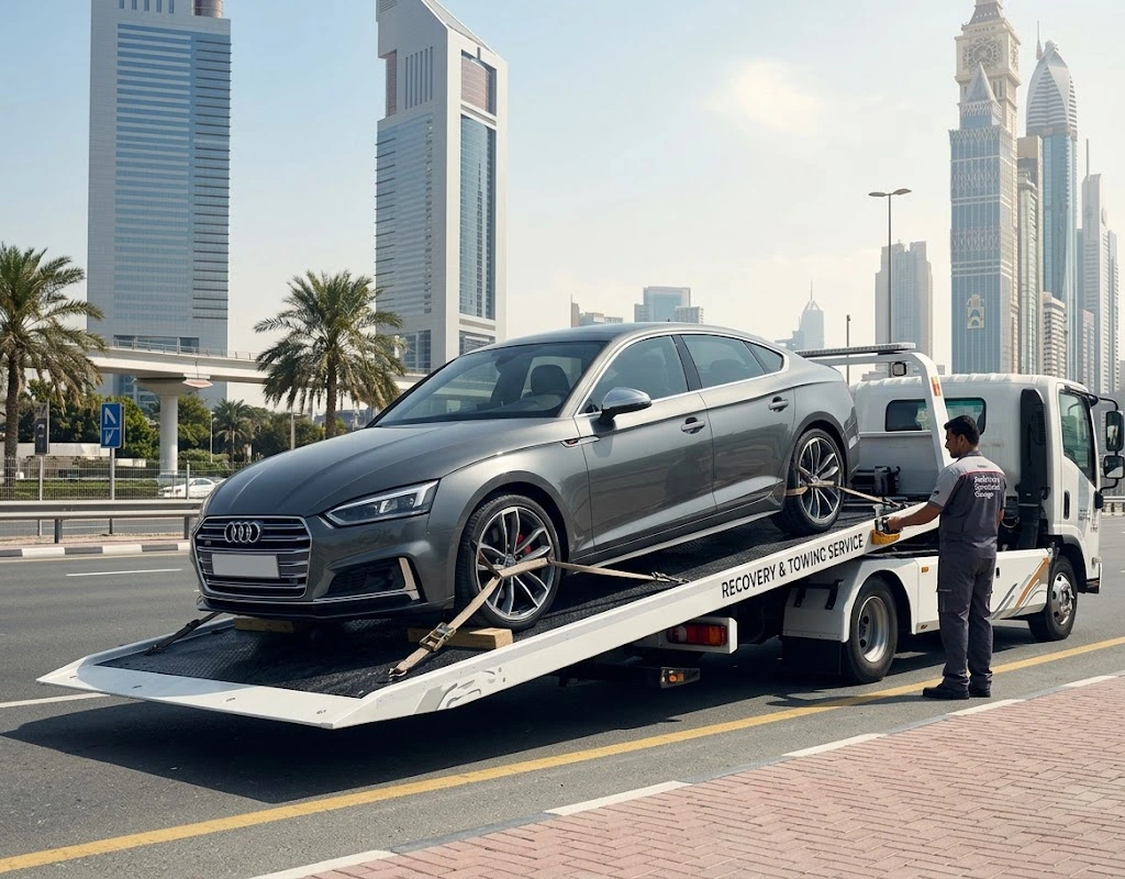 Audi car recovery Dubai flatbed loading an Audi quattro saloon for towing to a specialist garage