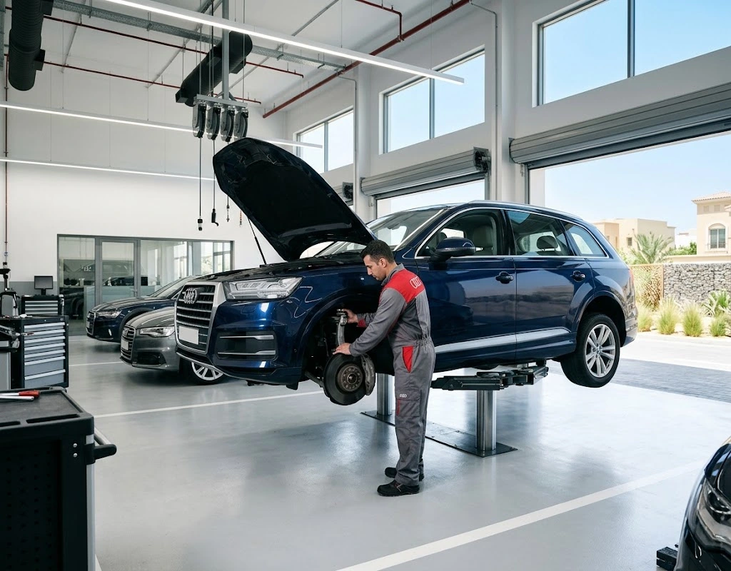 Audi repair Arabian Ranches – Audi specialist technician servicing an Audi Q7 for a customer in Arabian Ranches, Dubai