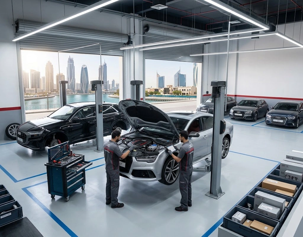 Audi repair Business Bay – Audi specialist technician servicing an Audi collected from Business Bay, Dubai