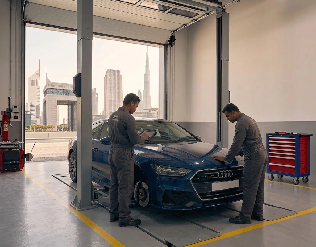 Audi repair DIFC specialist technician servicing an Audi at an independent Audi garage in Dubai