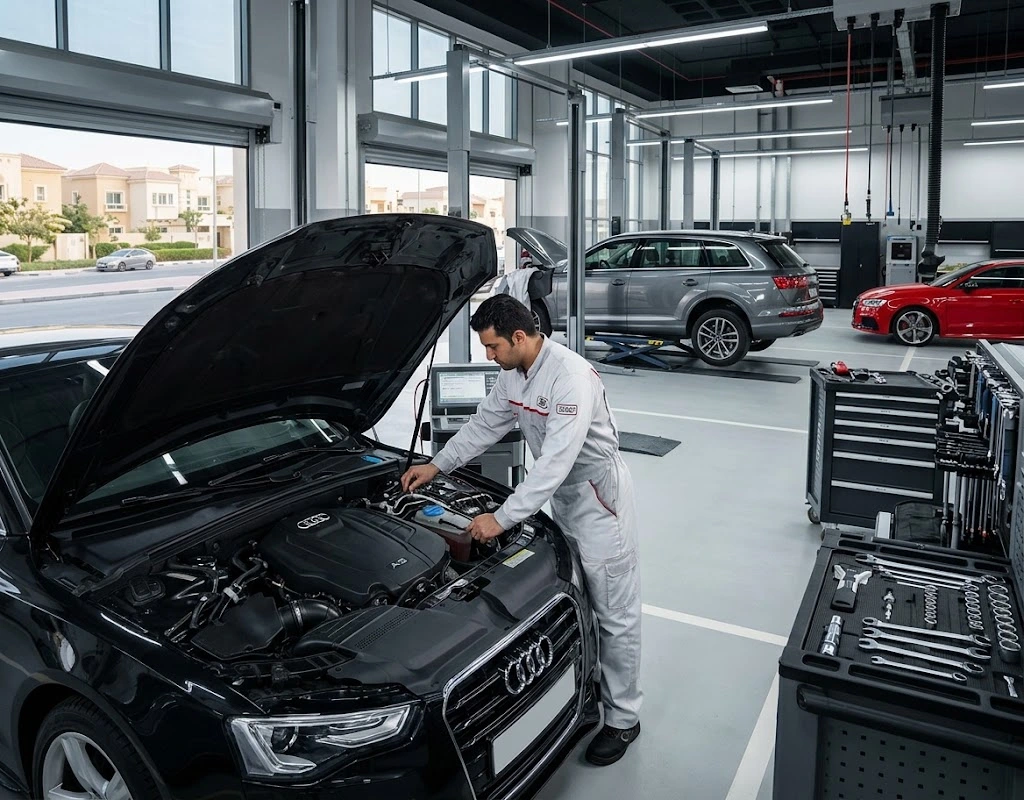 Audi repair Discovery Gardens - Audi specialist technician servicing an Audi at the Audi Repair Dubai workshop