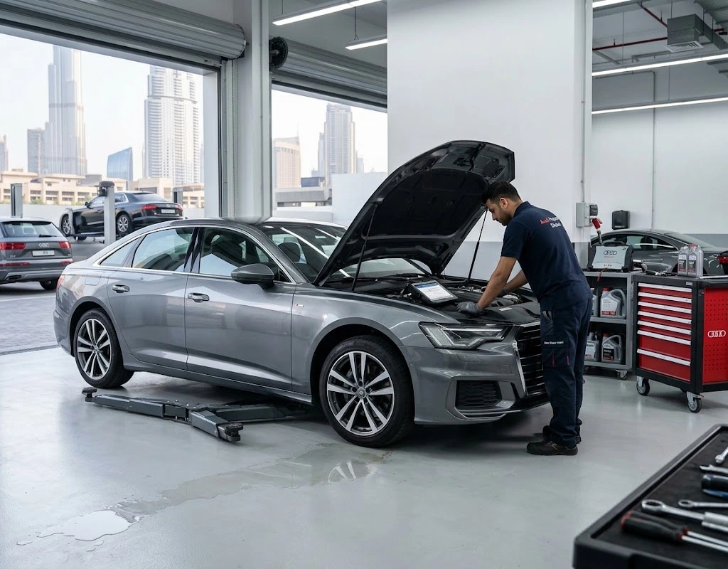 Audi repair Downtown Dubai – Audi specialist mechanic servicing an Audi collected from Downtown Dubai