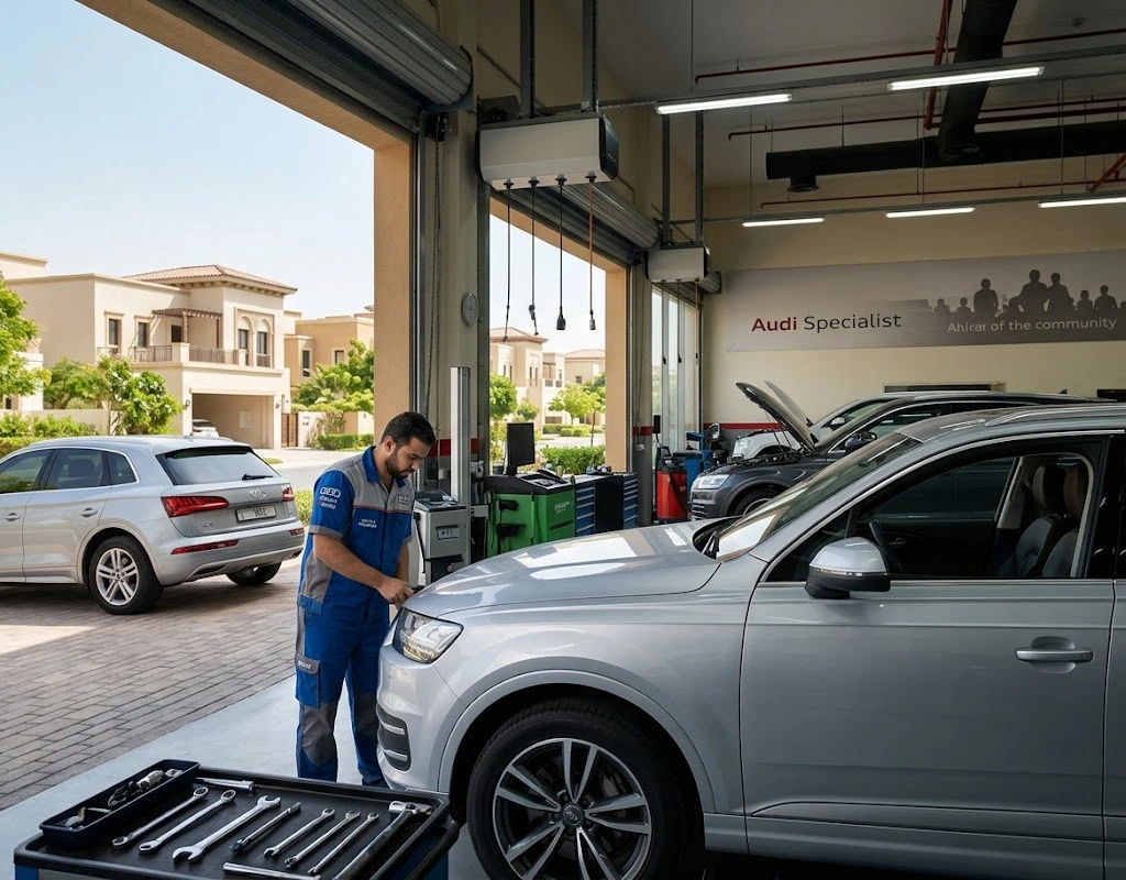 Audi repair Dubai Hills Estate – Audi specialist mechanic servicing an Audi Q7 with free pickup and drop-off