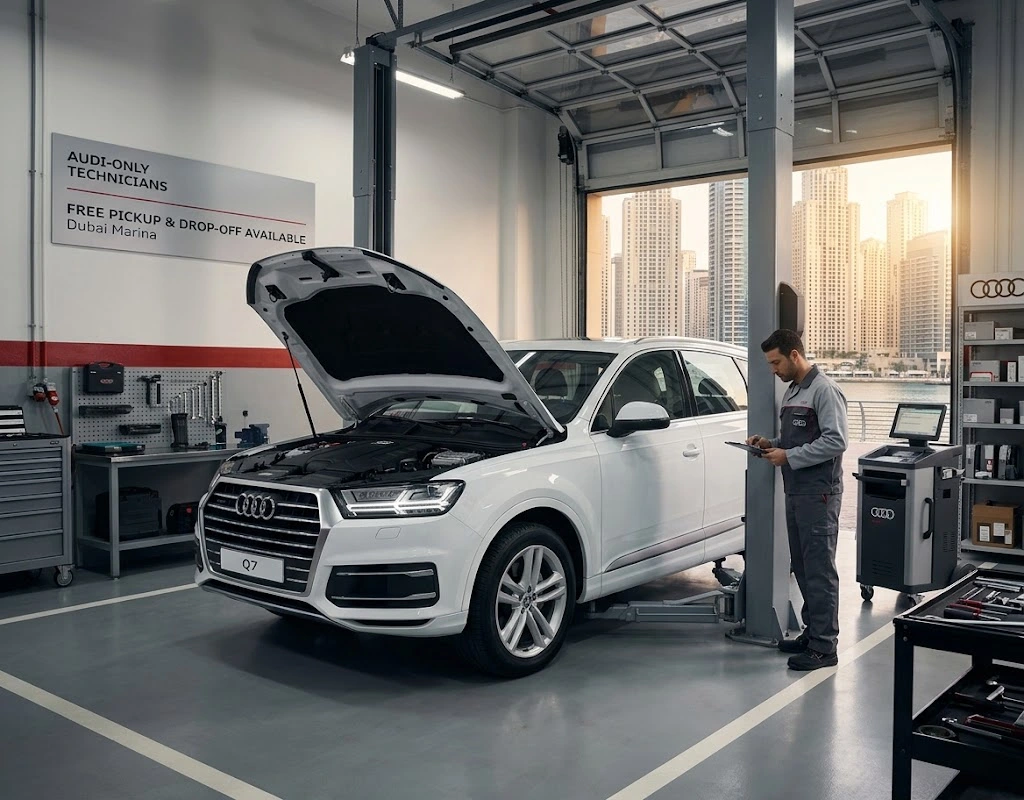 Audi repair Dubai Marina specialist technician servicing an Audi collected with free pickup and drop-off
