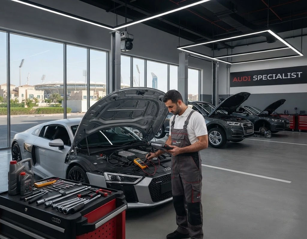 Audi repair Dubai Sports City specialist technician servicing an Audi in our Dubai workshop