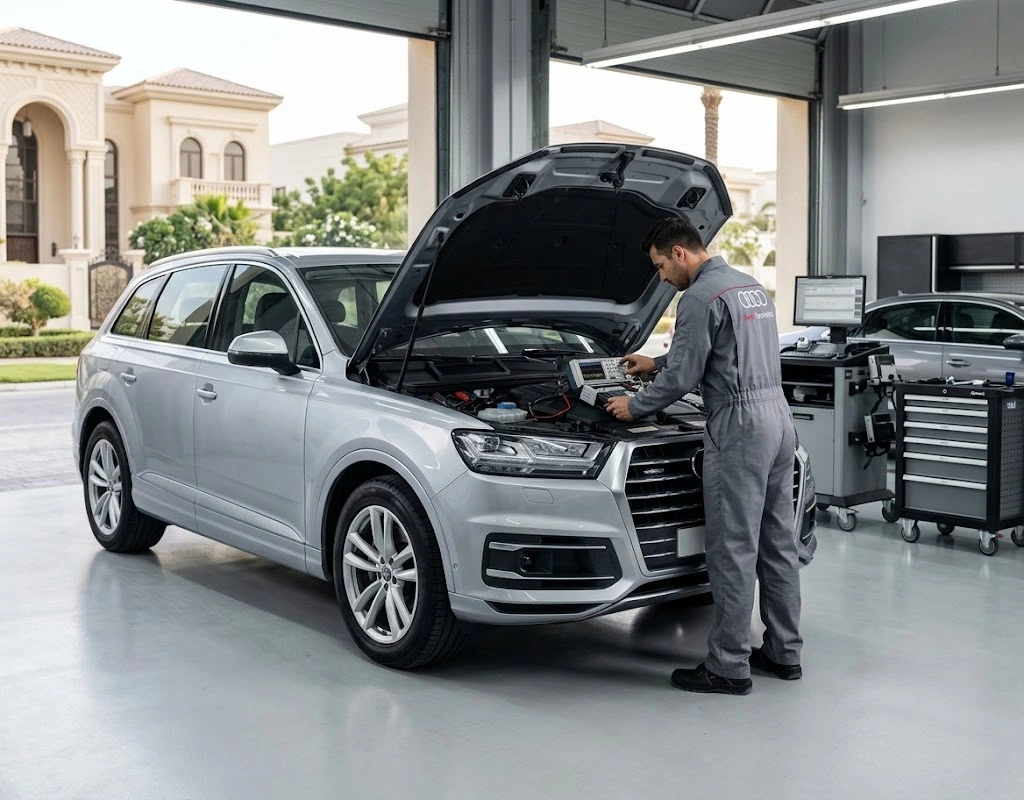 Audi repair Emirates Hills – Audi specialist technician servicing an Audi Q7 collected from an Emirates Hills villa