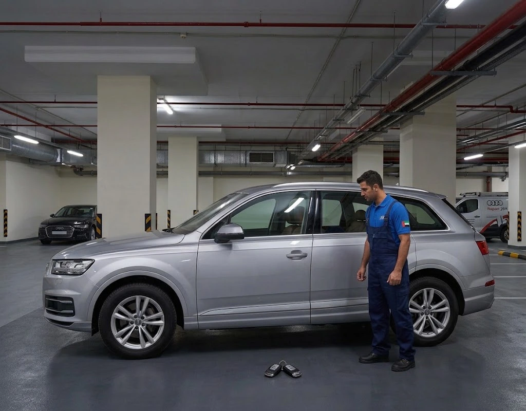 Audi repair JBR — Audi Q7 collected from a Jumeirah Beach Residence tower for specialist service in Dubai