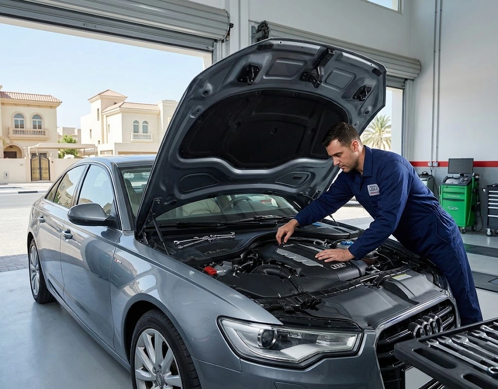 Audi repair Jumeirah — specialist technician servicing an Audi collected from a Jumeirah villa, Dubai