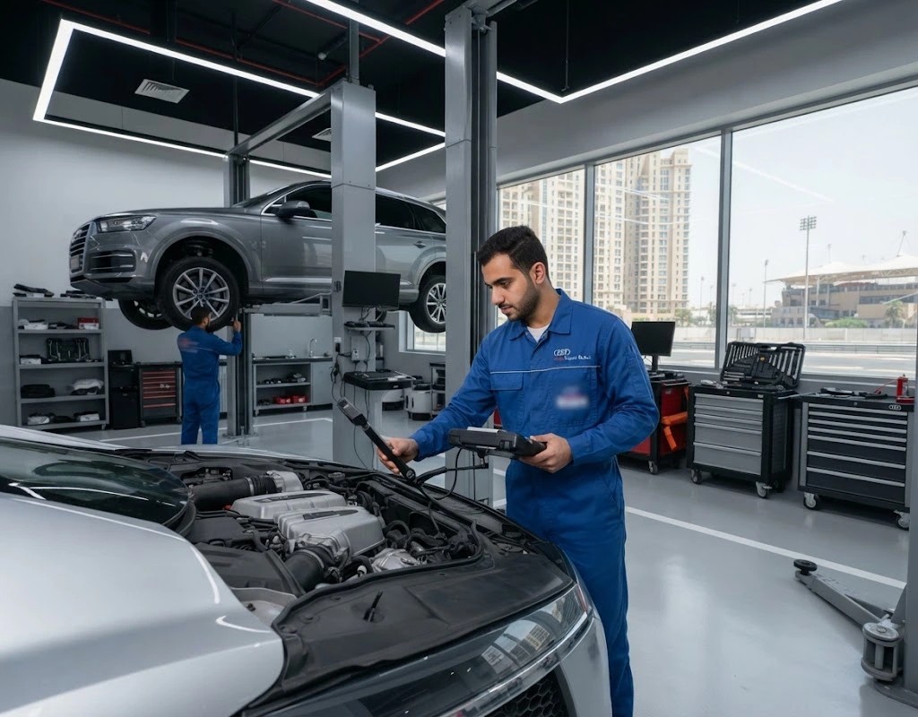 Audi repair Motor City specialist technician servicing an Audi at an independent Dubai workshop