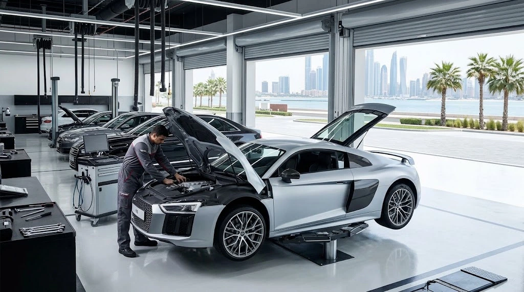 Audi repair Palm Jumeirah – Audi specialist technician servicing an Audi Q7 collected from a Palm Jumeirah villa