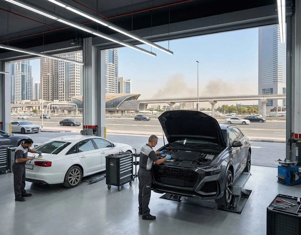 Audi repair Sheikh Zayed Road — Audi specialist technician servicing an Audi at a Dubai workshop
