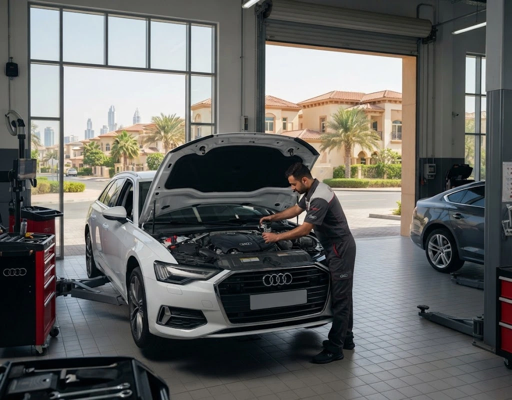 Audi repair The Meadows — Audi specialist technician servicing an Audi in a Dubai workshop
