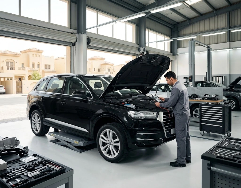 Audi repair Umm Suqeim &ndash; Audi specialist mechanic servicing an Audi collected from a villa in Umm Suqeim, Dubai