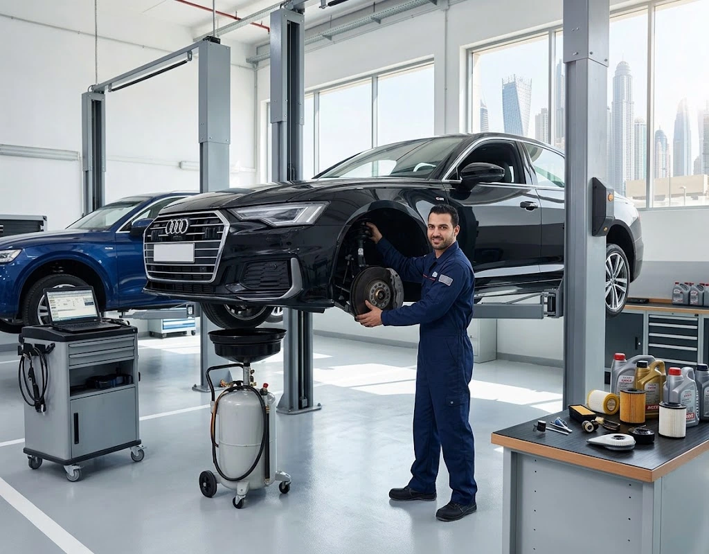 Audi scheduled maintenance in Dubai — technician performing a full service inspection on an Audi at an independent specialist workshop