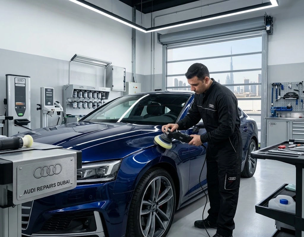 Audi scratch removal Dubai technician polishing a repaired door panel on a grey Audi in a body and paint workshop