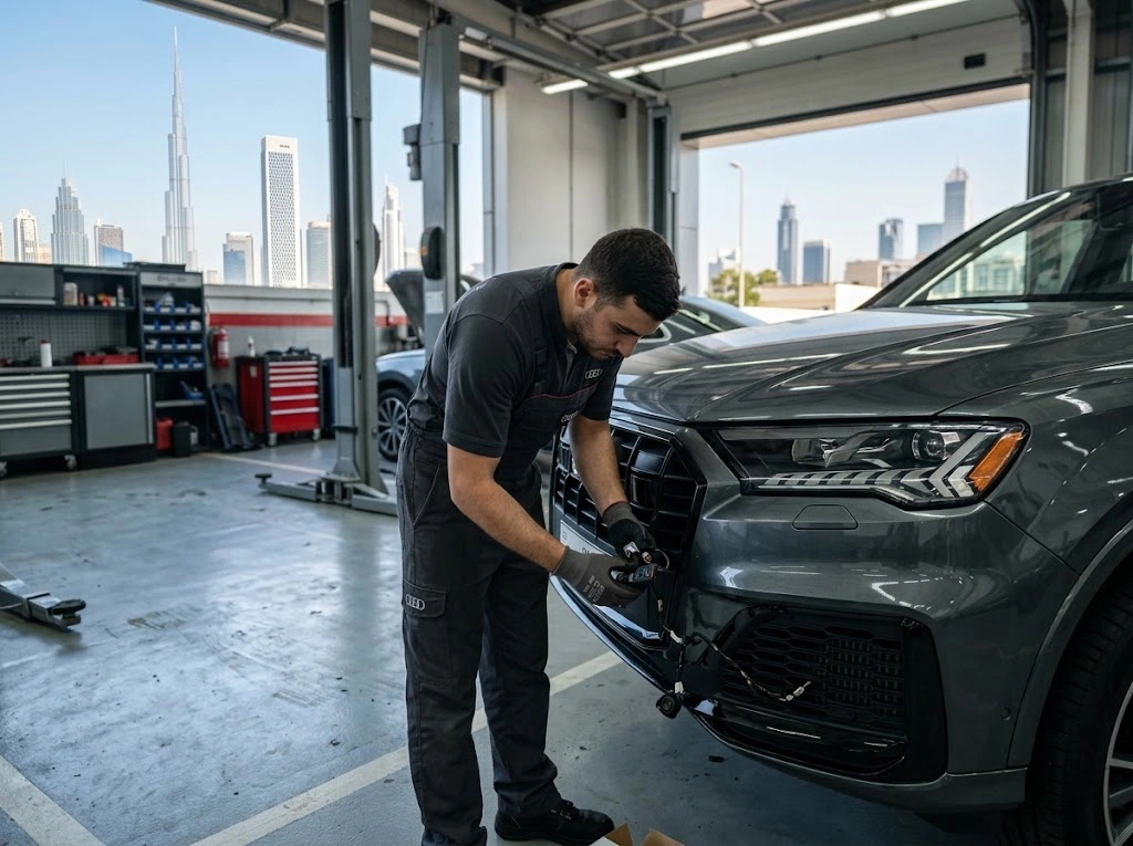 Audi sensor replacement Dubai specialist technician diagnosing an Audi engine sensor fault