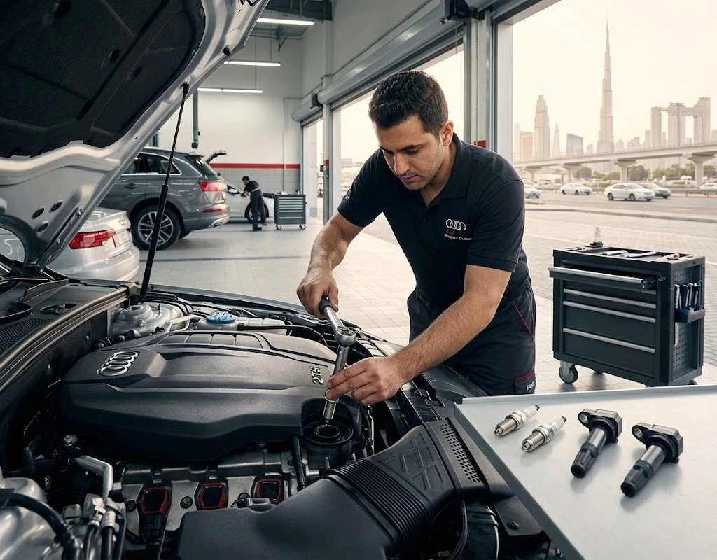 Audi spark plug replacement Dubai - specialist technician fitting new iridium spark plugs to an Audi 2.0 TFSI engine