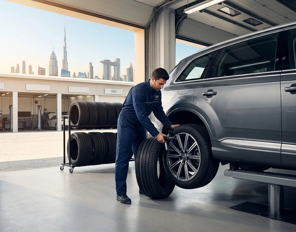 Audi tyre replacement Dubai specialist fitting a new tyre to an Audi alloy wheel