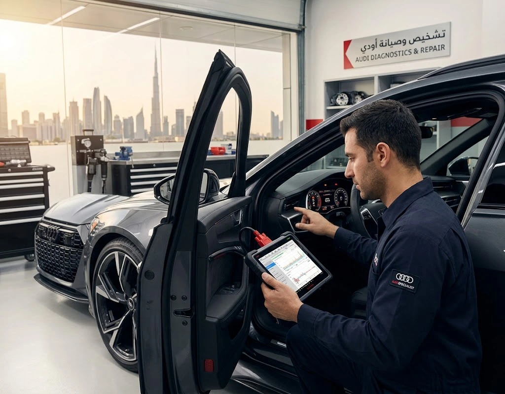 Audi warning light and EPC diagnostics in Dubai — technician reading dashboard fault codes on an Audi