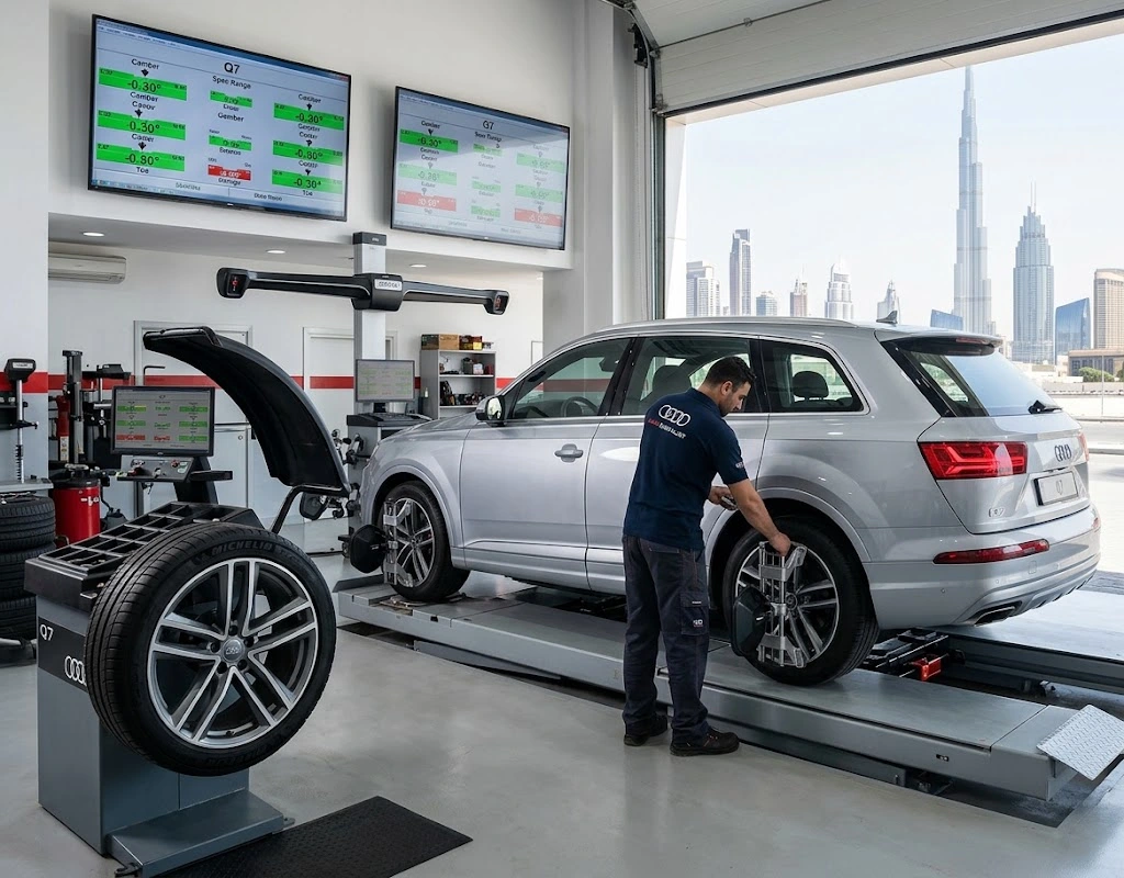 Audi wheel alignment Dubai specialist setting four-wheel geometry on an Audi at Audi Repair Dubai