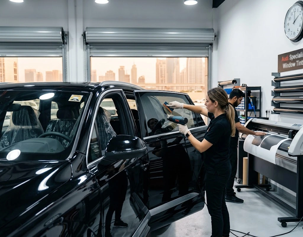 Audi window tinting Dubai – technician fitting ceramic heat-rejection film to an Audi Q7 side window