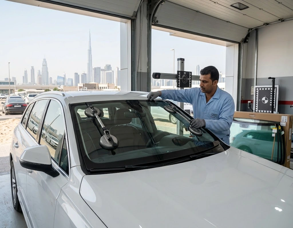 Technician fitting a new windscreen to an Audi Q7 during Audi windscreen replacement in Dubai